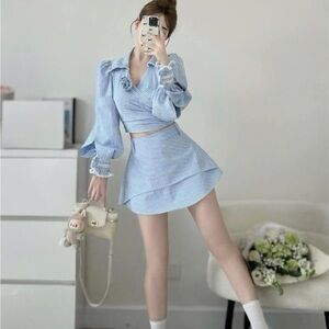 Chic Blue Striped Women's Skirt Set